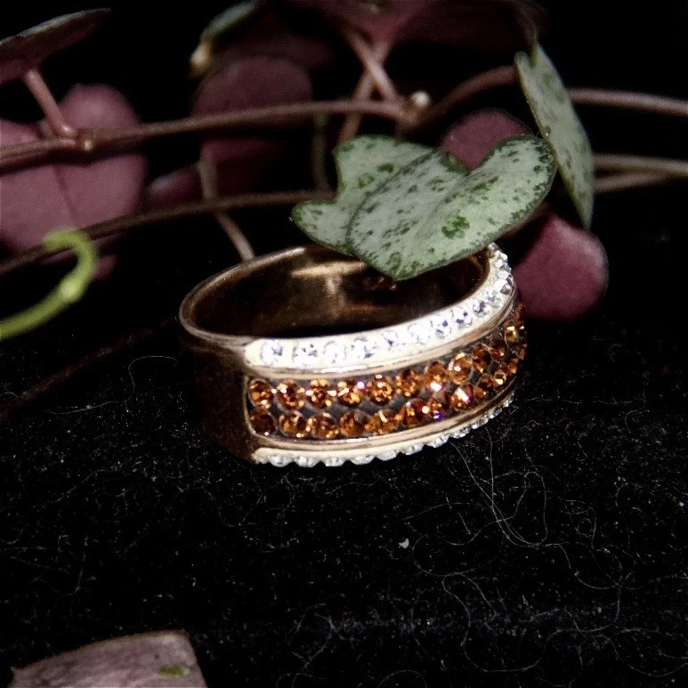 Sterling Silver Cognac and Clear Crystal Pavé Wide Band Ring Size 7
